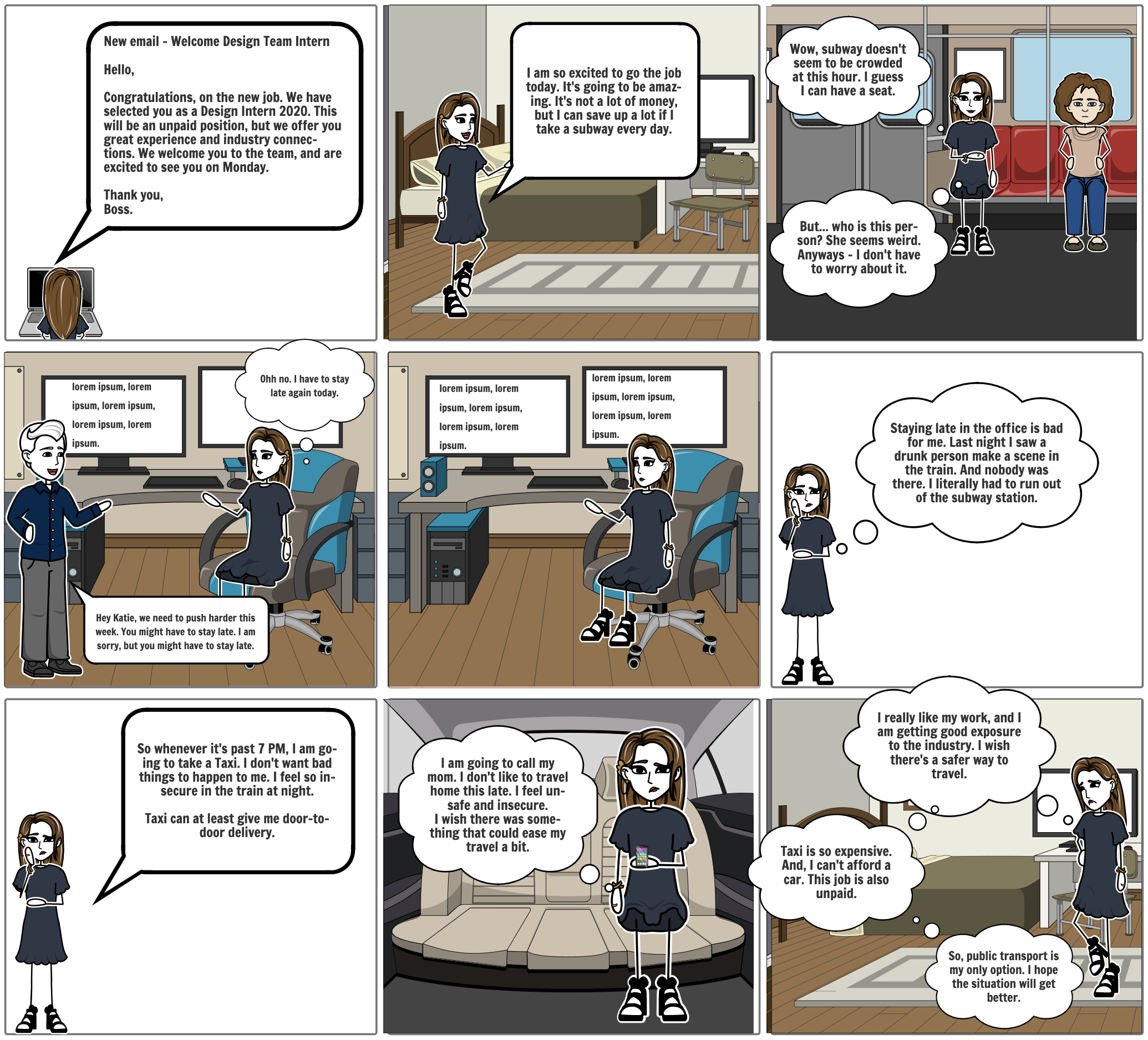 storyboard of a girl who struggles through the issues of public transit safety